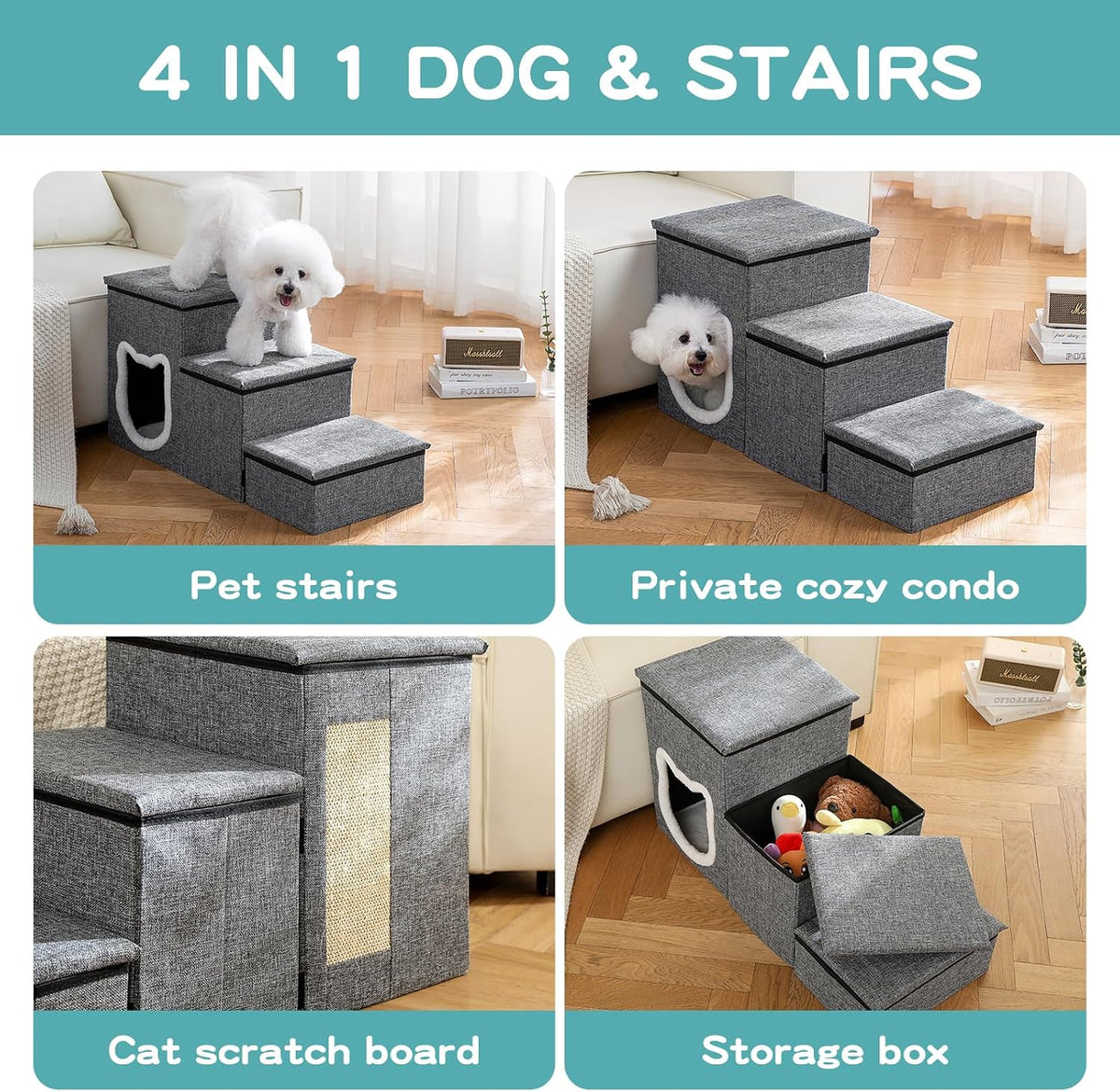 Pet Haven | Escaliers antidérapants pour chiens en 3 étapes avec rangement | Accès facile pour petits chiens et chats