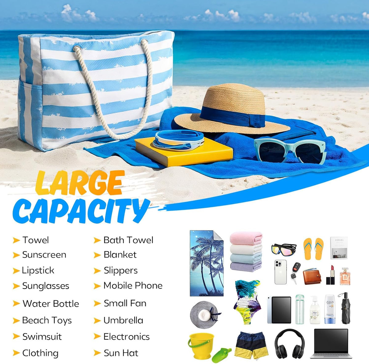 Évasion côtière | Grand sac de plage imperméable au design anti-sable | fourre-tout polyvalent pour les aventures familiales en plein air