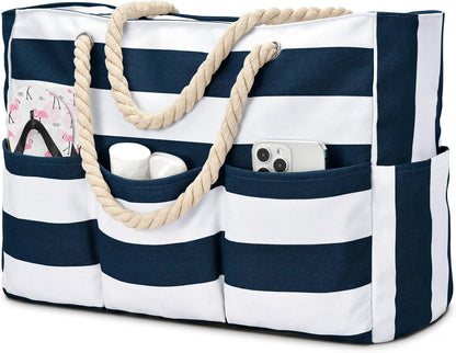 Zippered Canvas Tote Bag for Beach Days – Water-Resistant 7-Pocket Organizer, Padded Straps, Fits Towels & Gear for Pool, Lake & Travel