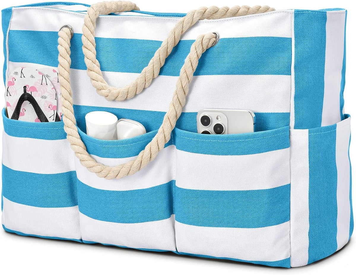 Zippered Canvas Tote Bag for Beach Days – Water-Resistant 7-Pocket Organizer, Padded Straps, Fits Towels & Gear for Pool, Lake & Travel