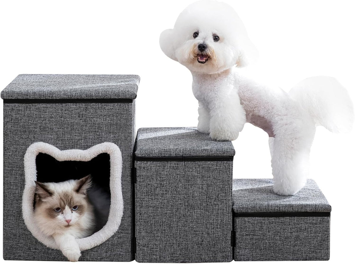 Pet Haven | Escaliers antidérapants pour chiens en 3 étapes avec rangement | Accès facile pour petits chiens et chats
