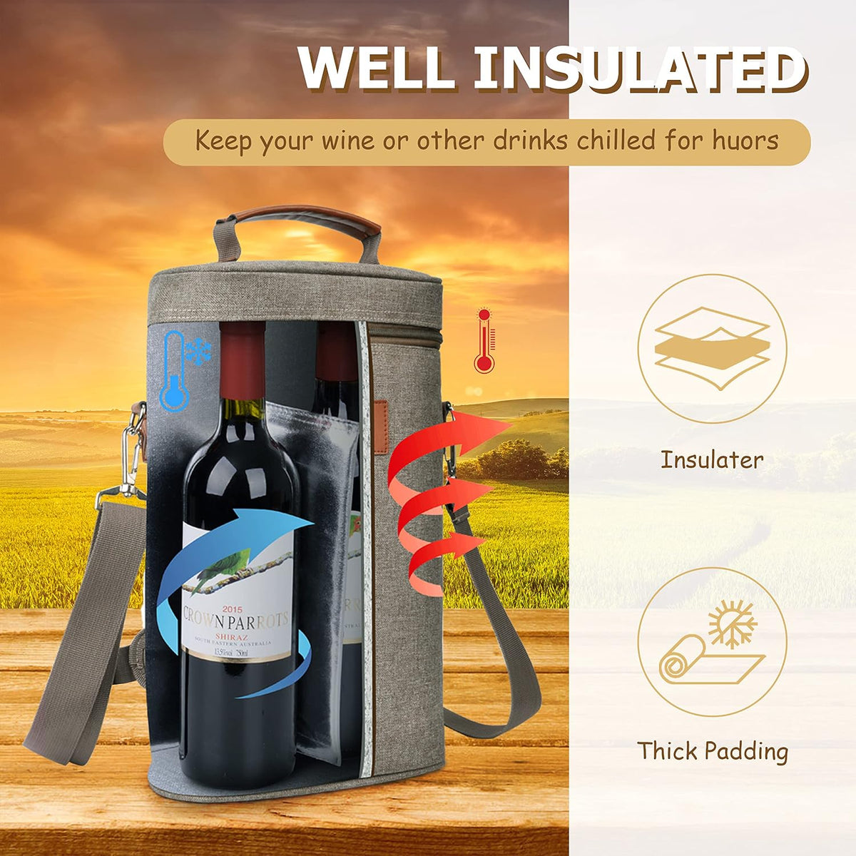 Sac de transport isotherme pour vin avec design rembourré | Glacière étanche pour voyages et fêtes