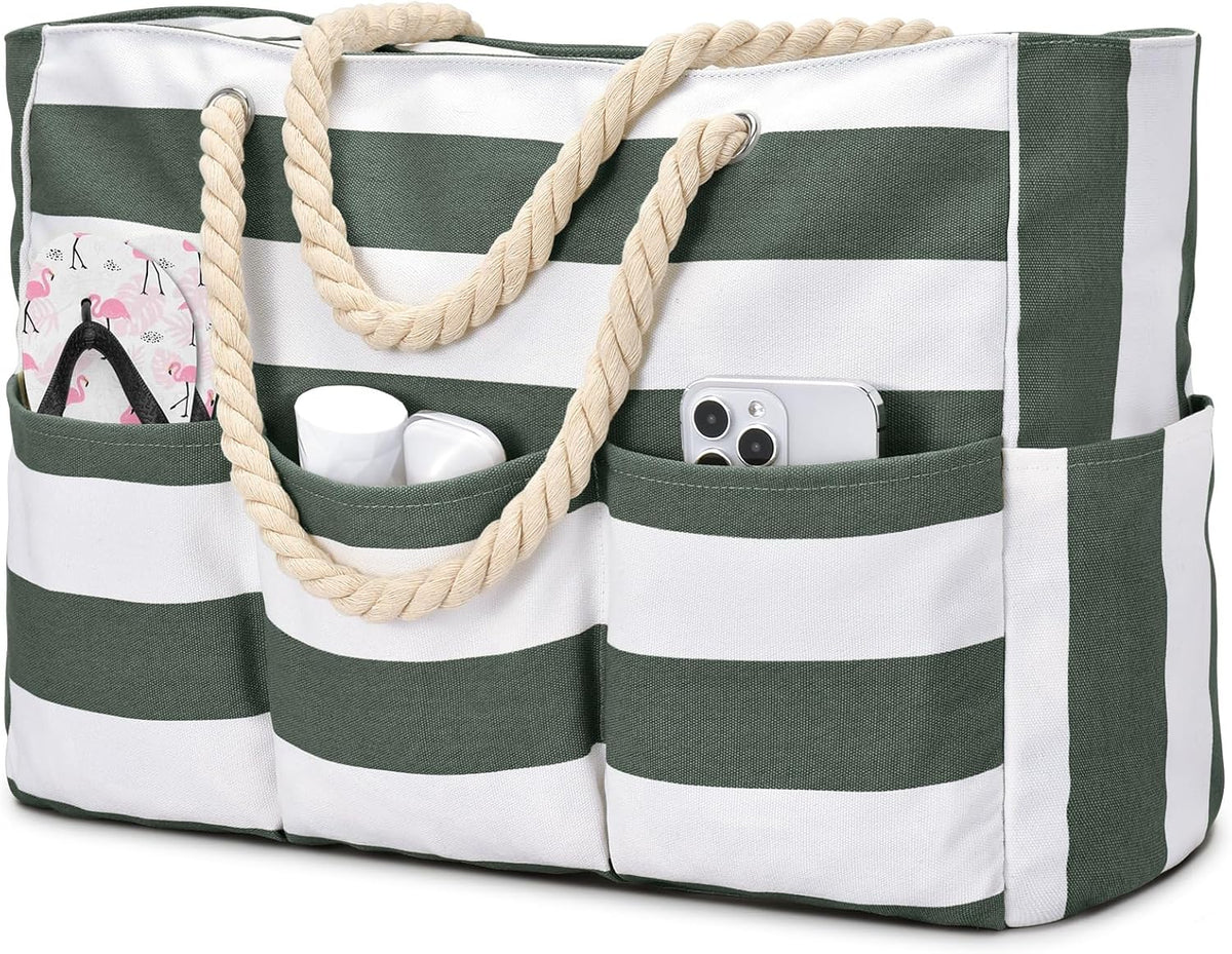 Sac fourre-tout en toile pour la plage, grand sac étanche avec fermeture éclair et 7 poches, sac de plage pour la piscine et les voyages