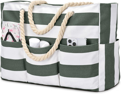 Sac fourre-tout en toile pour la plage, grand sac étanche avec fermeture éclair et 7 poches, sac de plage pour la piscine et les voyages