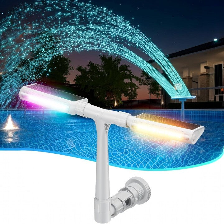 Solar Pool Fountain with Color-Changing LED Lights Dual Arc Spray 18-Light RGB Auto-Dusk Wireless Rechargeable for Intex Bestway Above Groun