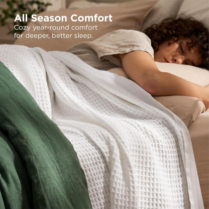Pure Cotton Thermal Blanket – Queen 90×90 in – Textured Weave Layer for All Seasons – Lightweight & Breathable Throw for Bed or Sofa