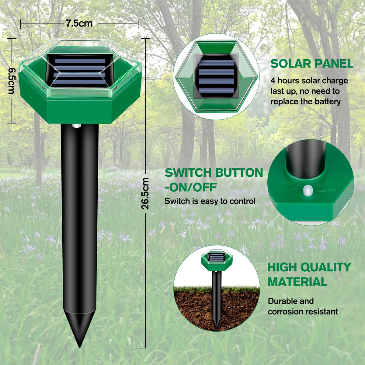 Solar Ultrasonic Mole Repellent Stakes for Lawn & Garden Protection – Outdoor Animal Deterrent Set of 4 for Gophers, Voles, Snakes &