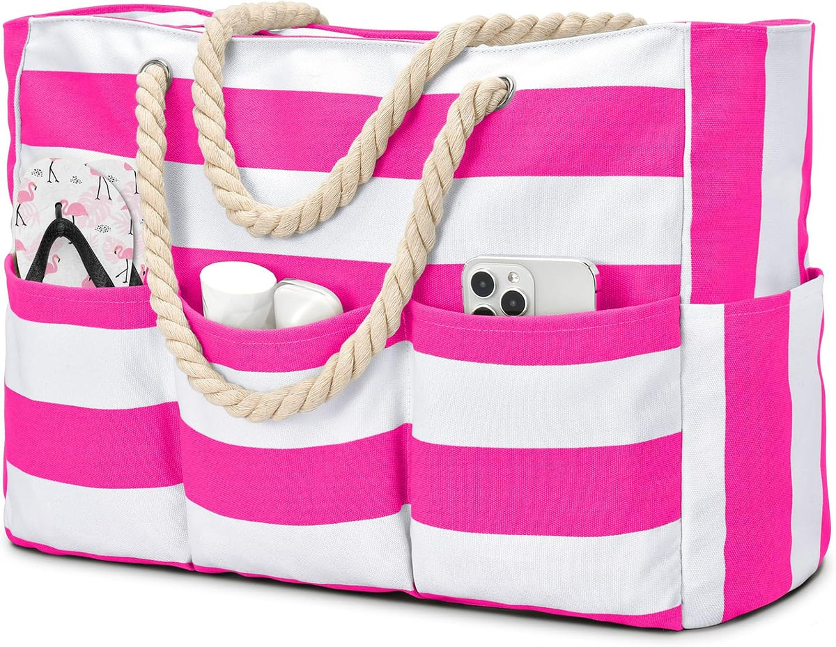 Zippered Canvas Tote Bag for Beach Days – Water-Resistant 7-Pocket Organizer, Padded Straps, Fits Towels & Gear for Pool, Lake & Travel