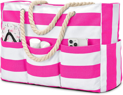 Zippered Canvas Tote Bag for Beach Days – Water-Resistant 7-Pocket Organizer, Padded Straps, Fits Towels & Gear for Pool, Lake & Travel