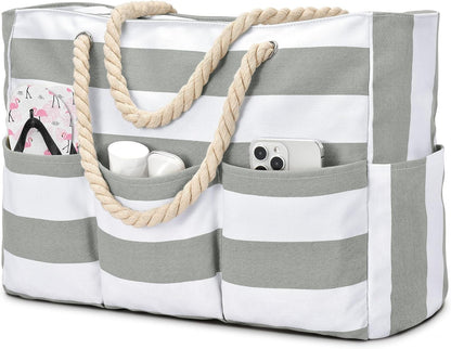 Zippered Canvas Tote Bag for Beach Days – Water-Resistant 7-Pocket Organizer, Padded Straps, Fits Towels & Gear for Pool, Lake & Travel
