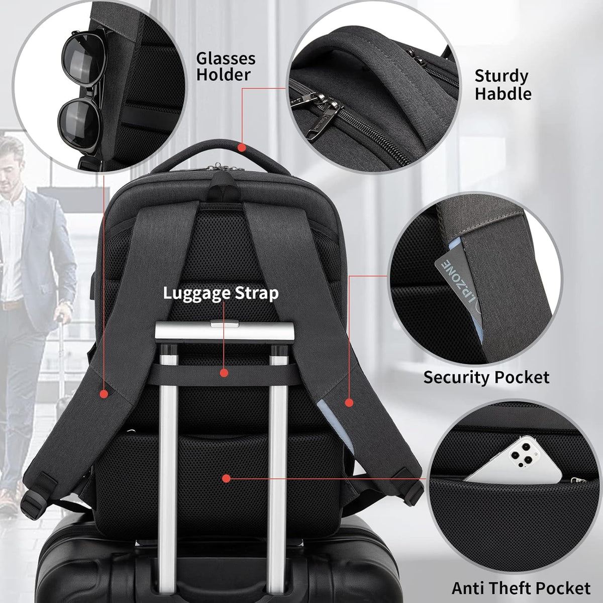 Travel Backpack with USB Charging Port for Laptops up to 17 Inches | Water-Resistant Daypack with Anti-Theft Pocket for Business Work School
