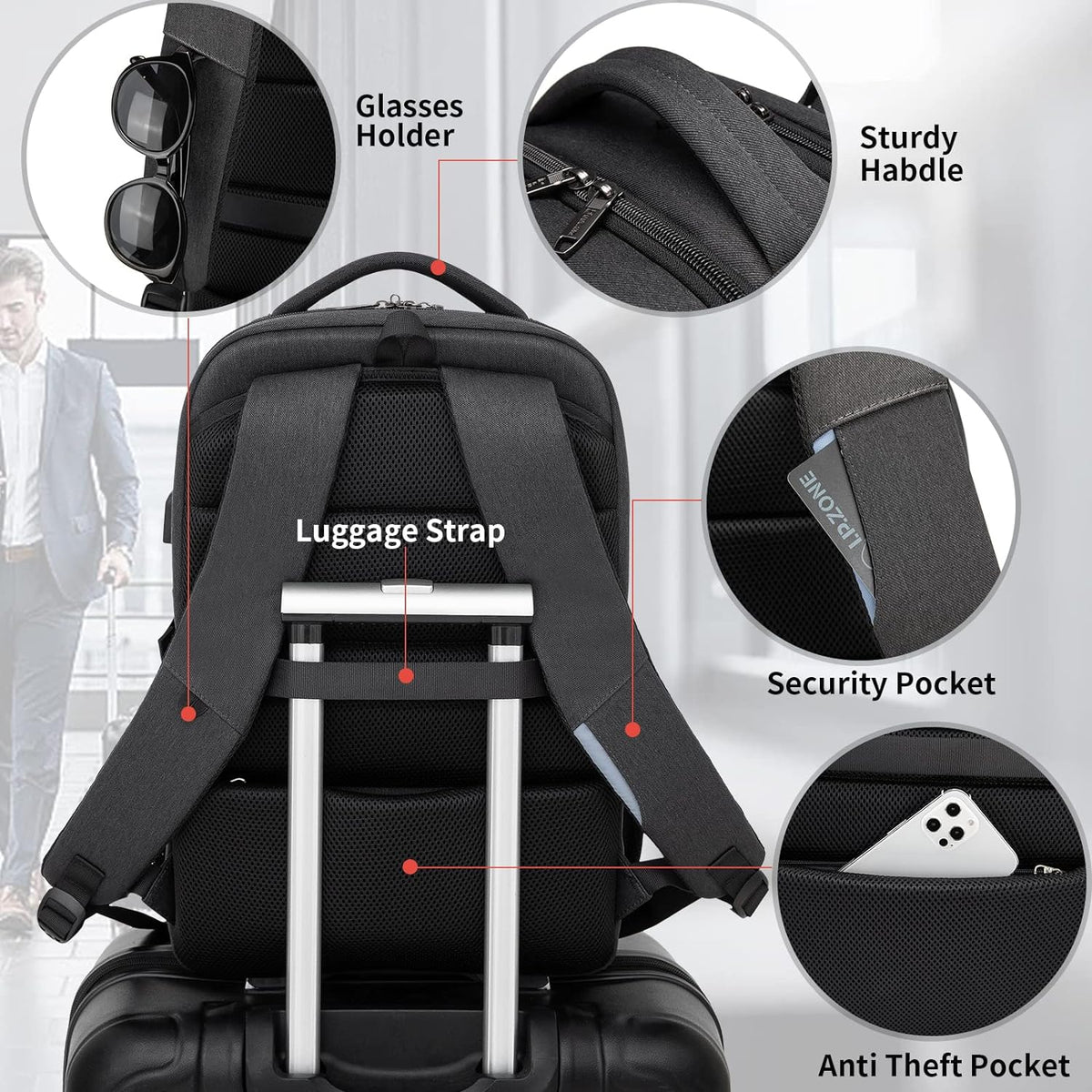 Travel Backpack with USB Charging Port for Laptops up to 17 Inches | Water-Resistant Daypack with Anti-Theft Pocket for Business Work School
