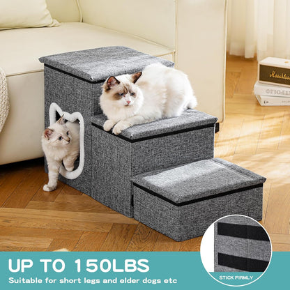 Pet Haven | Escaliers antidérapants pour chiens en 3 étapes avec rangement | Accès facile pour petits chiens et chats