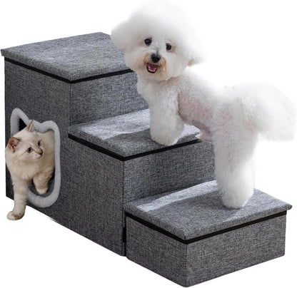 Pet Haven | Escaliers antidérapants pour chiens en 3 étapes avec rangement | Accès facile pour petits chiens et chats