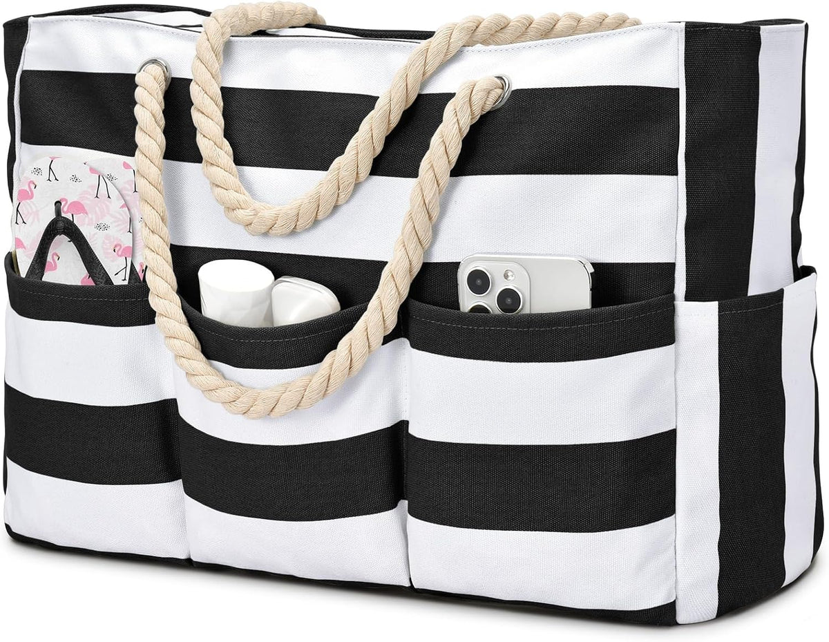 Sac fourre-tout en toile pour la plage, grand sac étanche avec fermeture éclair et 7 poches, sac de plage pour la piscine et les voyages