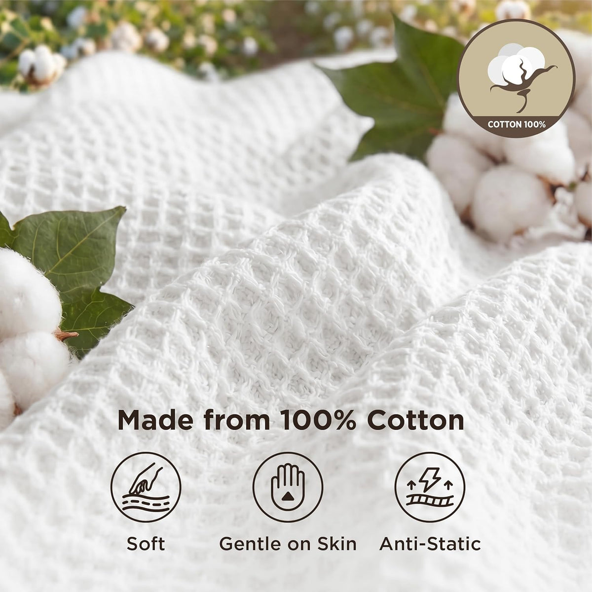 Pure Cotton Thermal Blanket – Queen 90×90 in – Textured Weave Layer for All Seasons – Lightweight & Breathable Throw for Bed or Sofa