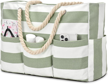 Sac fourre-tout en toile pour la plage, grand sac étanche avec fermeture éclair et 7 poches, sac de plage pour la piscine et les voyages