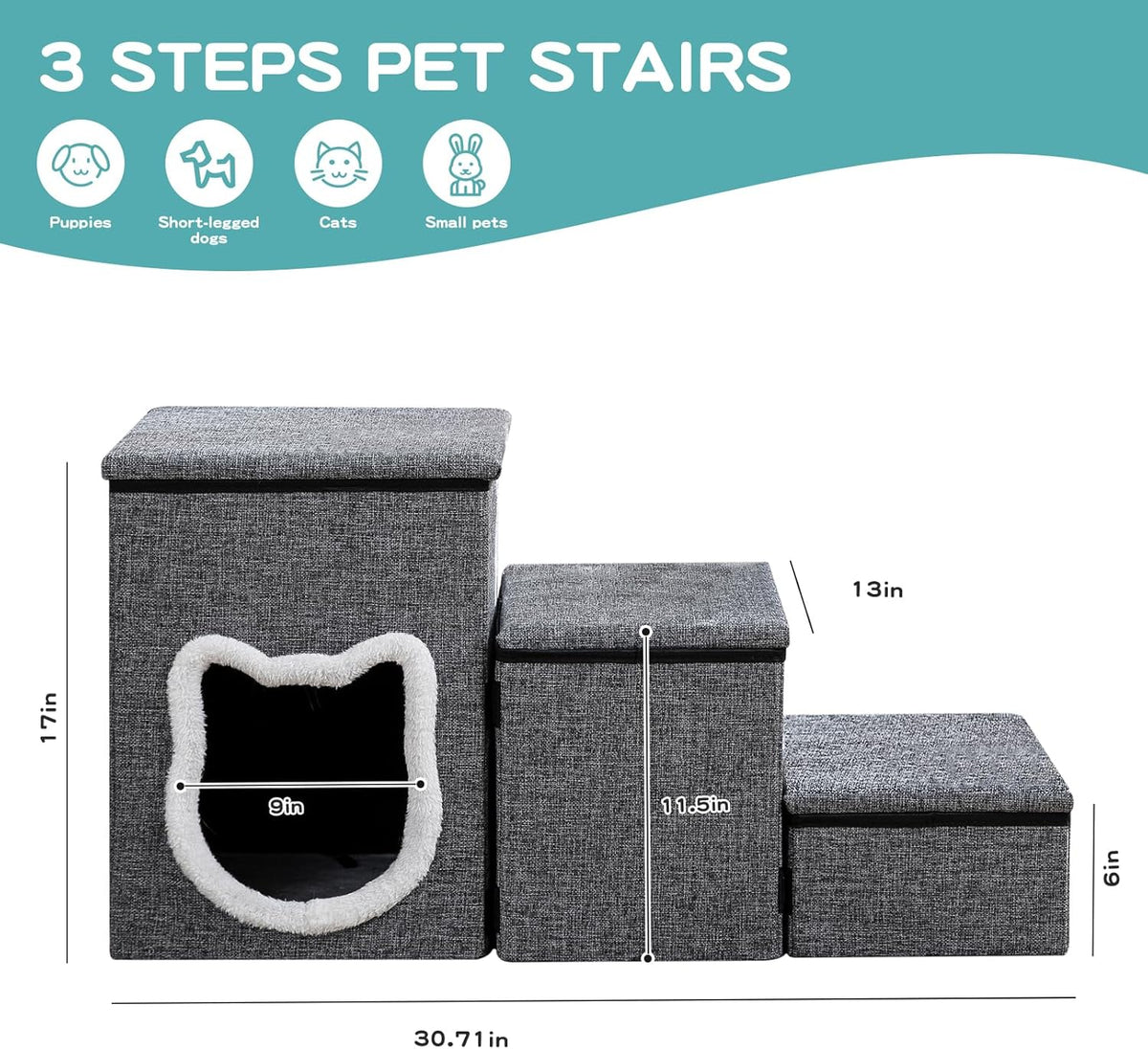 Pet Haven | Escaliers antidérapants pour chiens en 3 étapes avec rangement | Accès facile pour petits chiens et chats