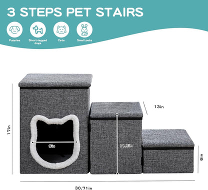 Pet Haven | Escaliers antidérapants pour chiens en 3 étapes avec rangement | Accès facile pour petits chiens et chats