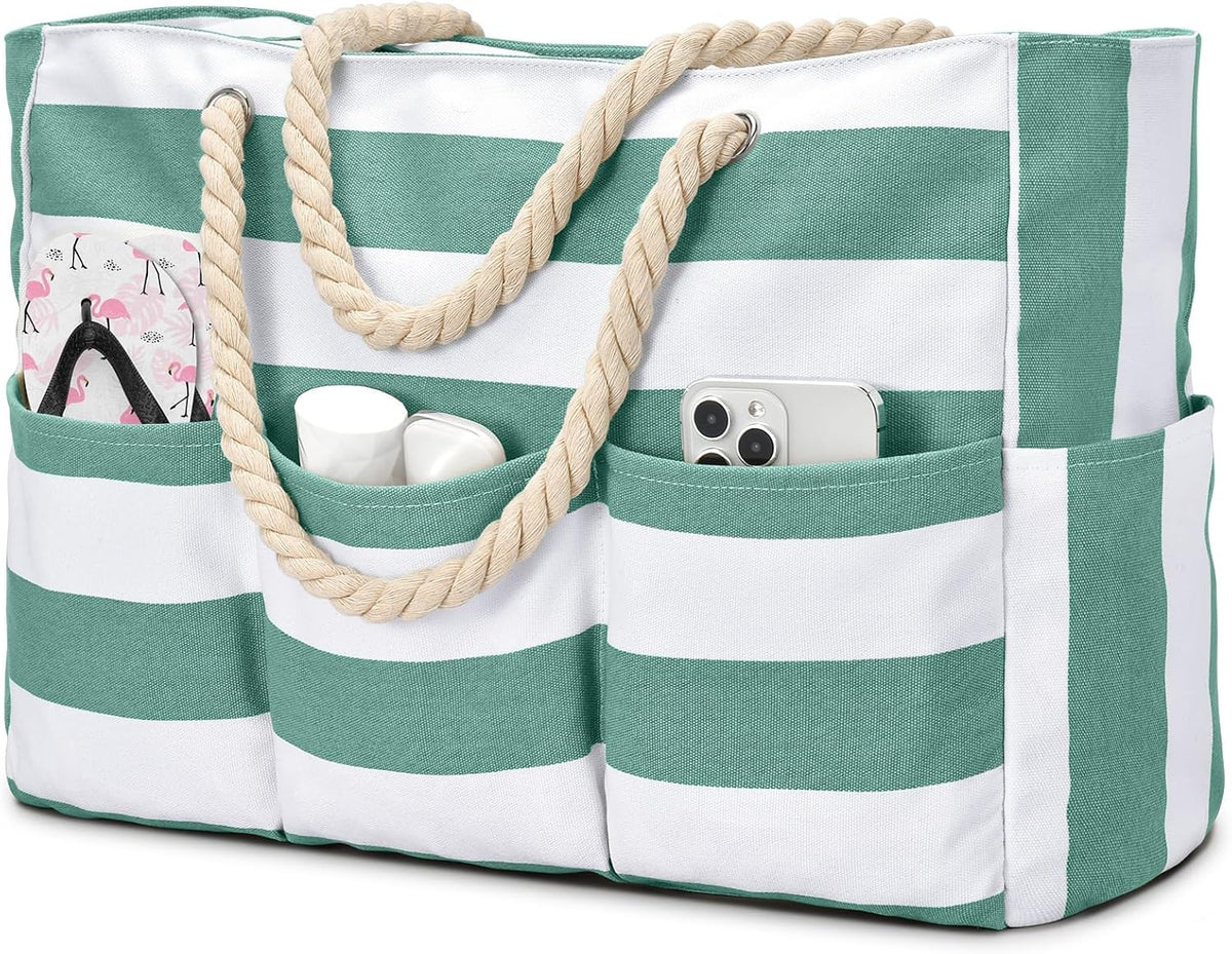 Sac fourre-tout en toile pour la plage, grand sac étanche avec fermeture éclair et 7 poches, sac de plage pour la piscine et les voyages