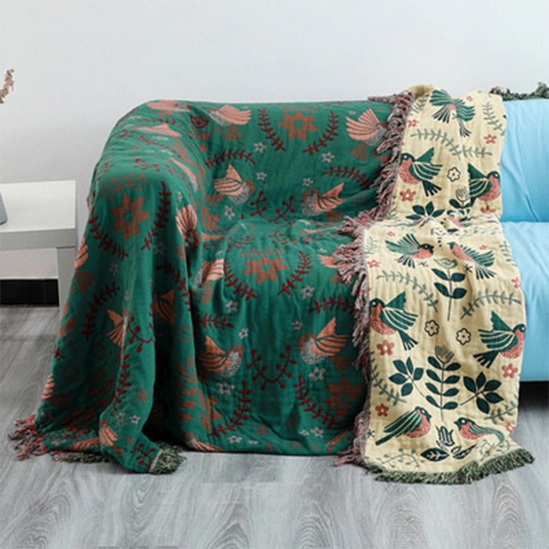 Reversible Cotton Throw Blanket with Woven Bird & Floral Pattern, Tasseled Edge for Couch, Sofa, Bed – Double-Sided Bohemian Home Accent