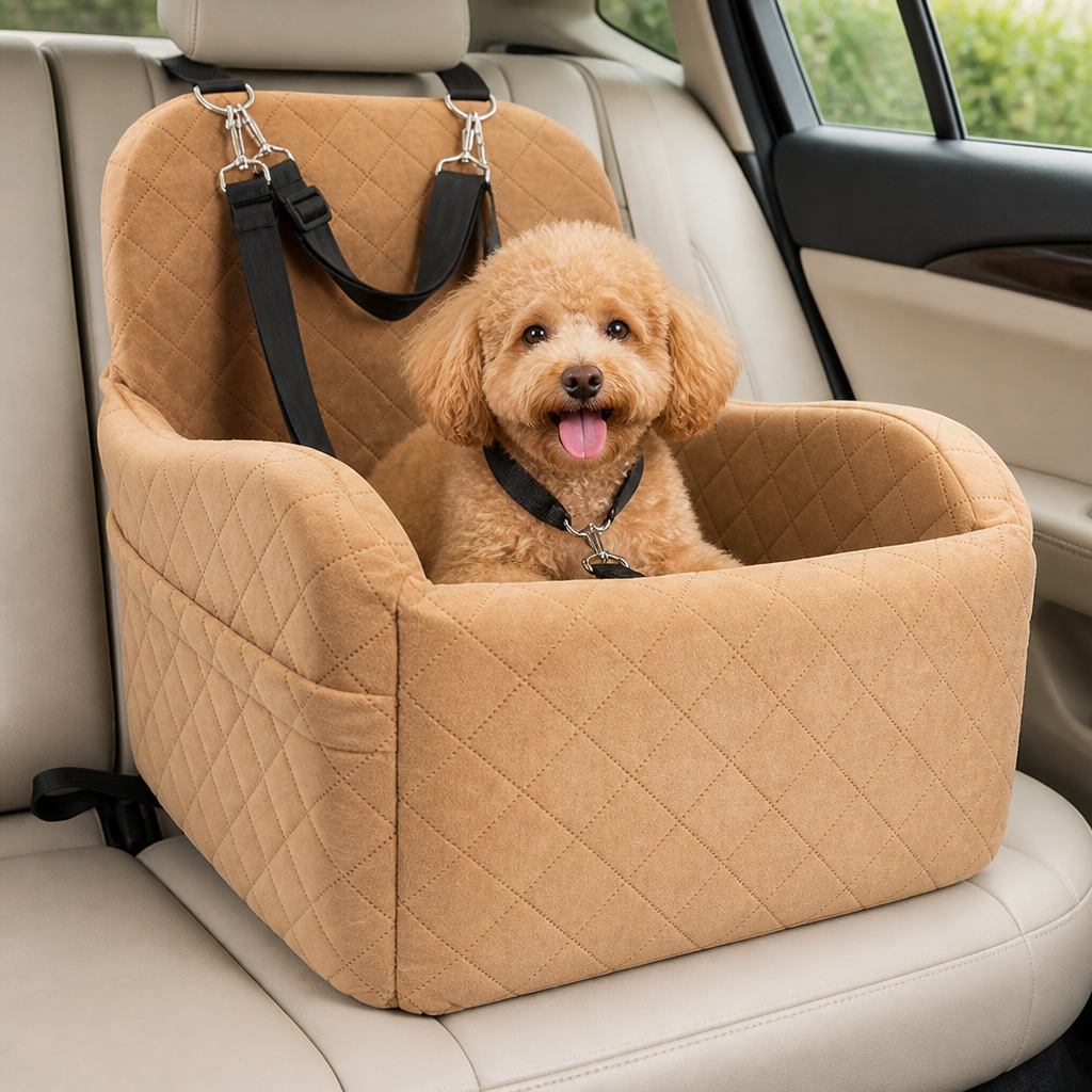 Ortekor Plush Memory Foam Dog Car Seat (3 Clip-On Safety Leashes)