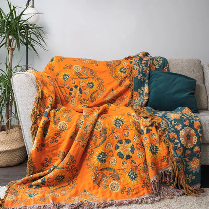 Reversible Cotton Throw Blanket with Tassels – Bohemian Floral Design for Couch, Sofa, or Bed – Warm & Decorative Home Accent