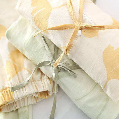Women's Cotton Pajama Set with Ginkgo Leaf Print and Bow Tie Detail for Lounging at Home