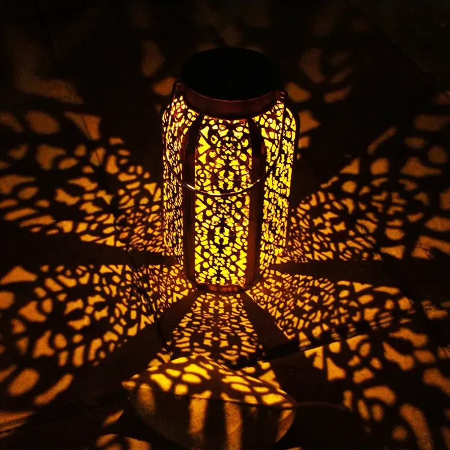 Sun-Charged Metal Garden Lantern with Cutout Moroccan Design for Porch, Deck & Yard Lighting