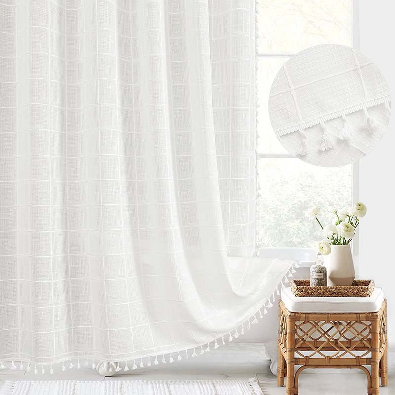 Waterproof Bath Curtain with Tassel Trim 71 x 79 Inches Gray Woven Linen Privacy Screen for Bohemian Bathrooms Country Style Decor Machine W