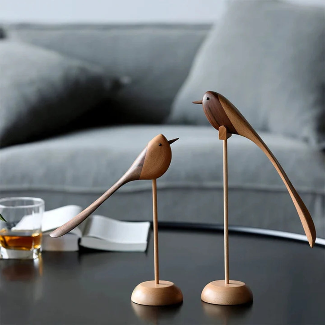 Handcrafted Wooden Bird Sculptures Set of 2 Decorative Figurines Modern Redwood Accent Pieces for Living Room Bedroom Office Mantel