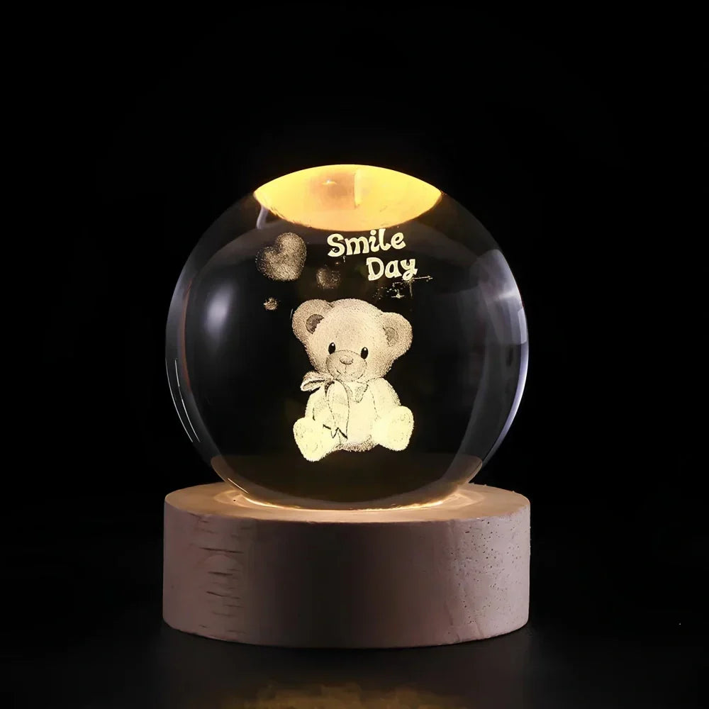 3D Engraved Crystal Planet Sphere Night Light on Wood Base USB Powered Desk Lamp Warm White LED Glow for Bedroom Living Room Nursery Space