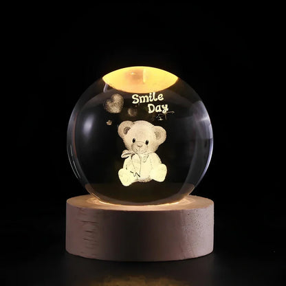 3D Engraved Crystal Planet Sphere Night Light on Wood Base USB Powered Desk Lamp Warm White LED Glow for Bedroom Living Room Nursery Space