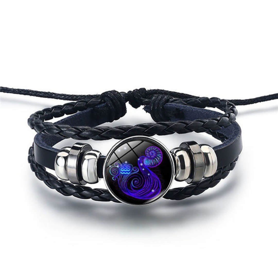 Adjustable Leather Zodiac Bracelet with Blue Stone Charm for Men & Women | Classic Wrist Cuff with Astrology Symbol | Handcrafted Steel &