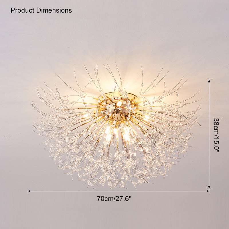 Plafonnier encastré au design pissenlit en cristal – Luminaire de 16 po doré et argenté pour chambre, couloir, salle de bain
