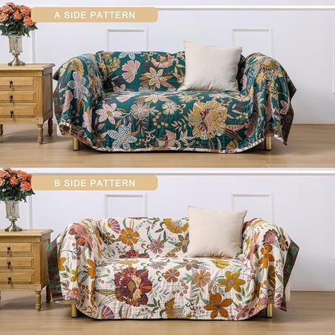 Cora Blanket Throw - 100% Cotton, Reversible Floral Design