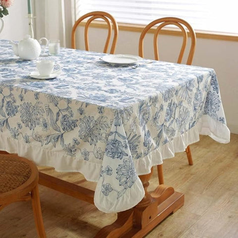 Delfina Lace Tablecloth - Blue Floral Cotton, Ruffled Edges