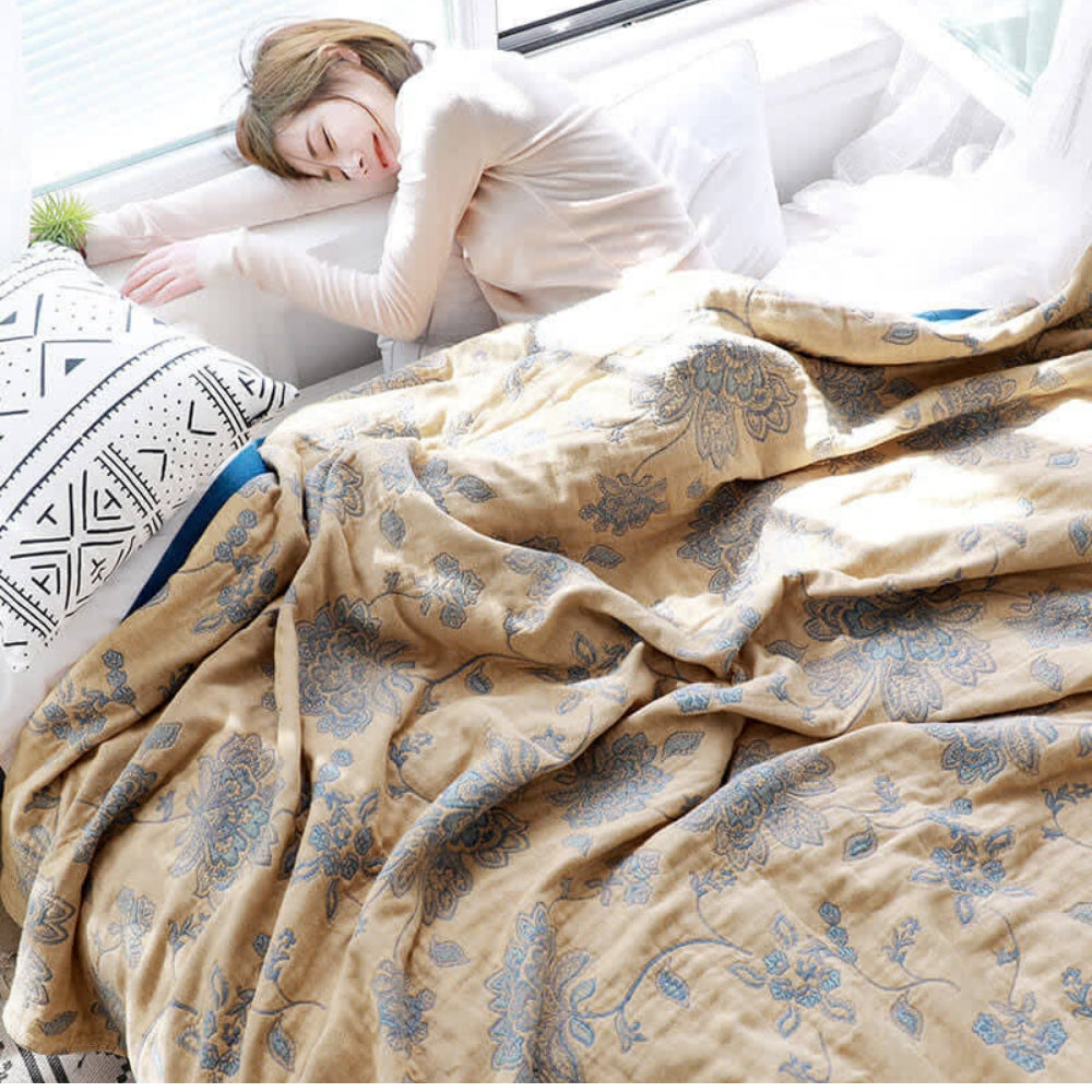 Layered Cotton Gauze Throw Blanket with Botanical Print for Bed or Couch – Lightweight Year-Round Comfort for Bedroom Living Room
