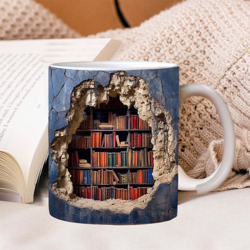 Ceramic Mug with 3D Bookshelf Wrap Design for Coffee Tea Hot Drinks Book Lovers Library Kitchen Microwave Dishwasher Safe Literary Gift