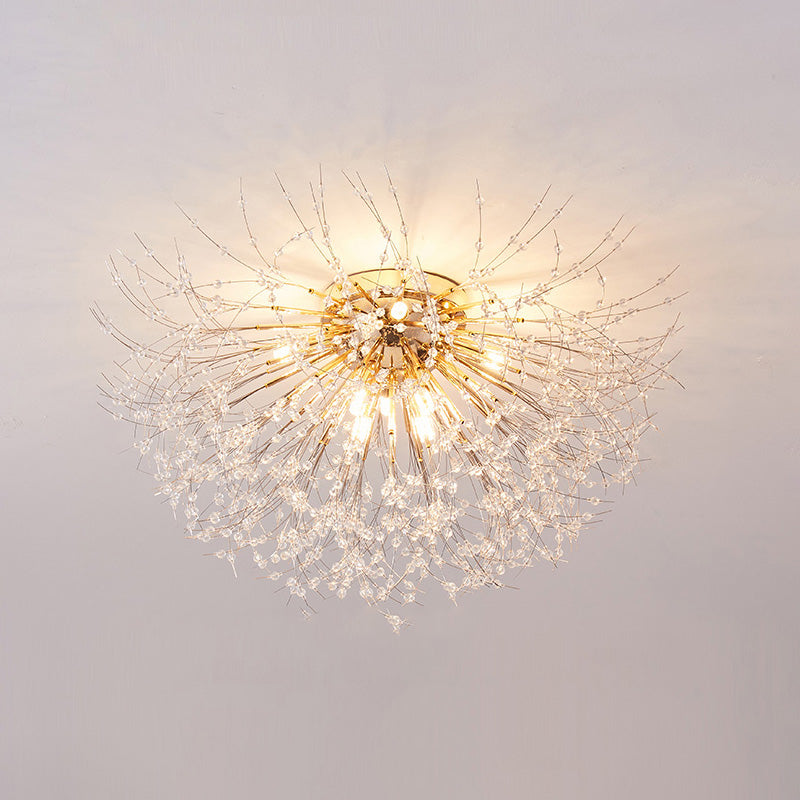 Plafonnier encastré au design pissenlit en cristal – Luminaire de 16 po doré et argenté pour chambre, couloir, salle de bain