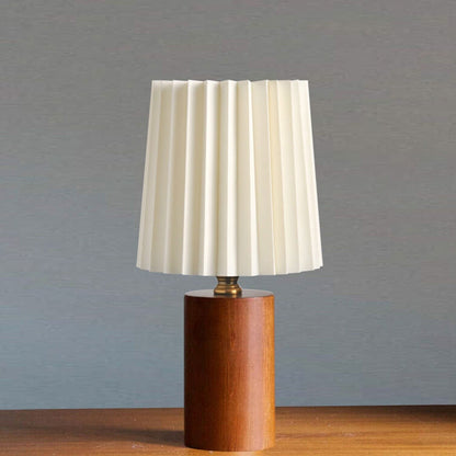 Pleated Fabric Accent Lamp with Cylindrical Wooden Base – Bedside Reading Light for Bedroom & Living Room
