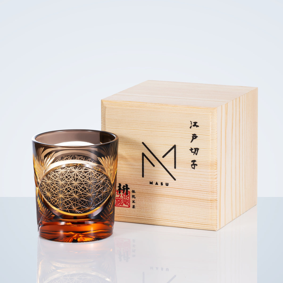 Hand-Cut Crystal Lowball Glass with Etched Crane Motif in Warm Amber Finish for Bourbon Scotch Cocktails Spirits Tasting Home Bar Display El