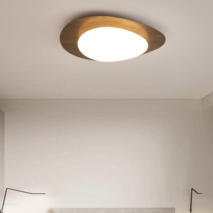 Oval Stone-Textured LED Ceiling Mount Light with Timber Finish for Bedrooms | Modern Hardwired Close-to-Ceiling Fixture for Living Rooms &
