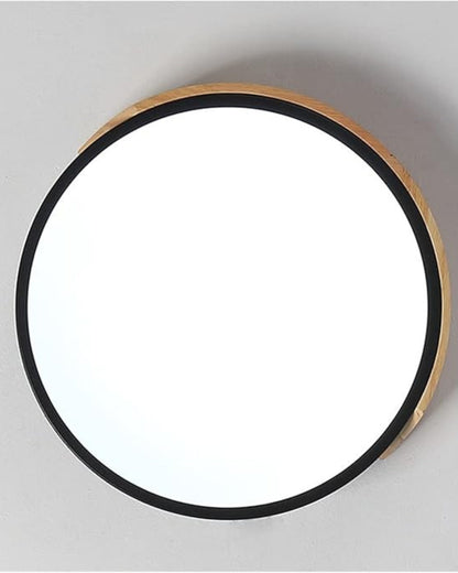 Round Flush Mount Ceiling Light with Wood Accent and Integrated LED – Modern Low Profile Fixture in 9, 12, 16, 20, and 24 inch Sizes for Liv