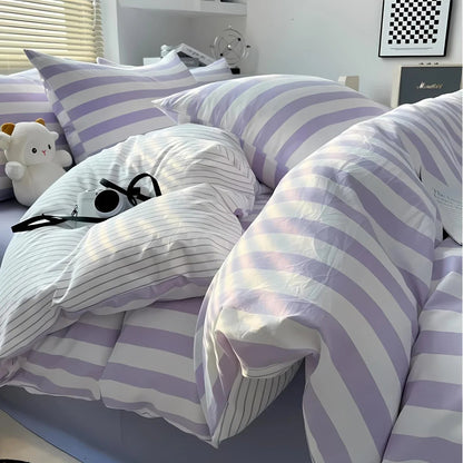 Striped Linen Bed Set King Queen Double Twin Hotel Quality Comforter Cover Fitted Sheet Pillowcases Neutral Bedroom Essentials for Modern &