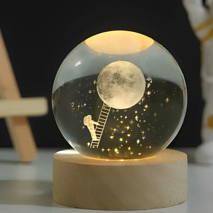 3D Engraved Crystal Planet Sphere Night Light on Wood Base USB Powered Desk Lamp Warm White LED Glow for Bedroom Living Room Nursery Space