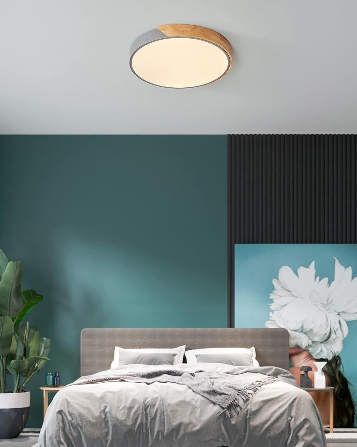 Round Flush Mount Ceiling Light with Wood Accent and Integrated LED – Modern Low Profile Fixture in 9, 12, 16, 20, and 24 inch Sizes for Liv