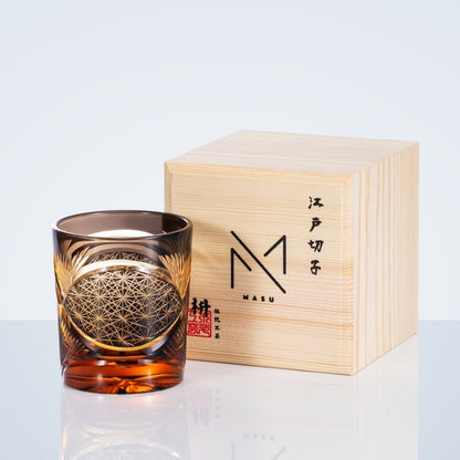 Japanese Cut Crystal Whisky Tumbler with Gift Box | Traditional Etched Pattern | Amber Colored Spirit Glass for Bourbon & Scotch | Artisan B