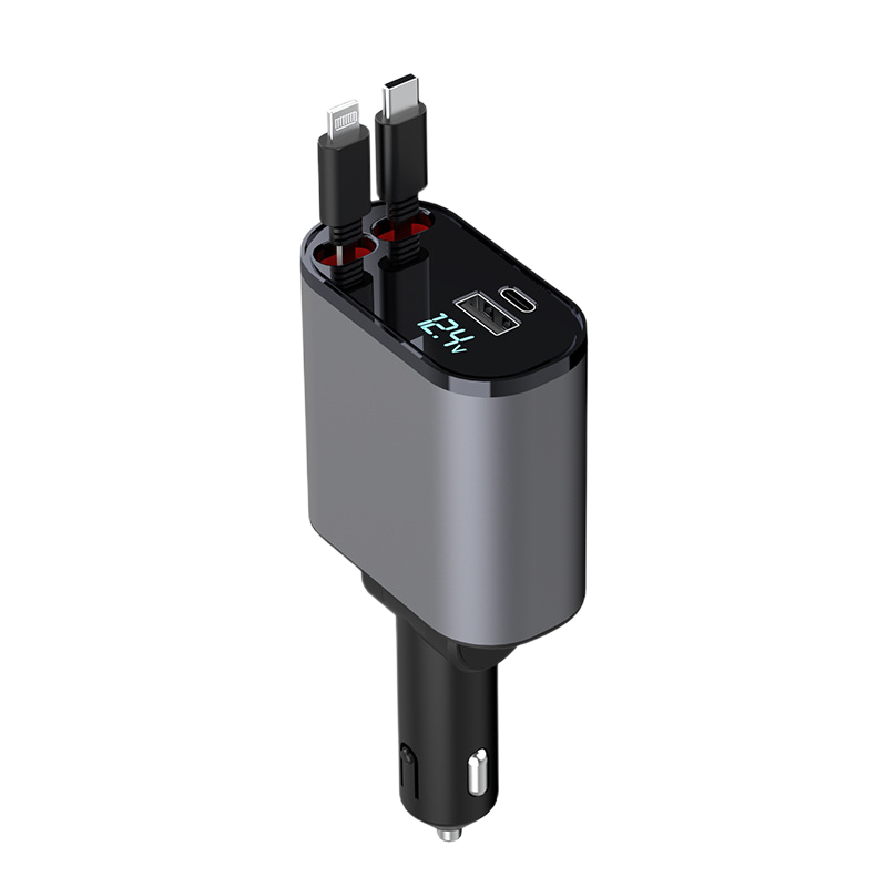 Retractable Car Charger with Dual Ports – Fast Charging Cable for iPhone & Android – 31 in Auto-Rewind USB Adapter