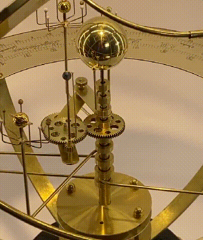 Brass Mechanical Solar System Model with Gemstone Planets & Moons Oak Base Moving Orbit Desk Orrery Educational Science Display Home Decor